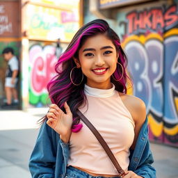 A young woman with a cheerful smile, styled in a trendy outfit suitable for TikTok content creation