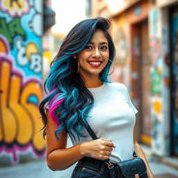 A young woman with a cheerful smile, styled in a trendy outfit suitable for TikTok content creation