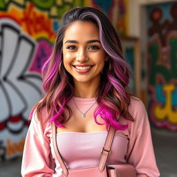 A young woman with a cheerful smile, styled in a trendy outfit suitable for TikTok content creation