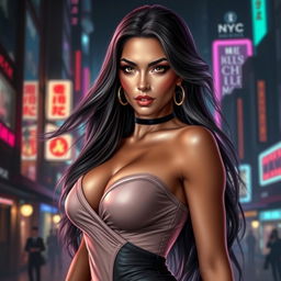 A stunning and alluring female figure, showcasing an elegant and confident demeanor, with long flowing hair and striking features, wearing stylish, form-fitting attire that accentuates her curves