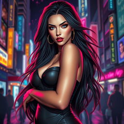 A stunning and alluring female figure, showcasing an elegant and confident demeanor, with long flowing hair and striking features, wearing stylish, form-fitting attire that accentuates her curves