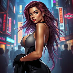 A stunning and alluring female figure, showcasing an elegant and confident demeanor, with long flowing hair and striking features, wearing stylish, form-fitting attire that accentuates her curves