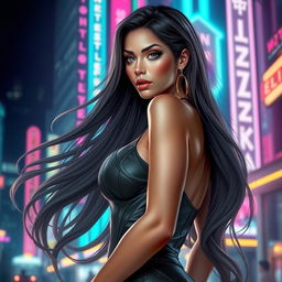 A stunning and alluring female figure, showcasing an elegant and confident demeanor, with long flowing hair and striking features, wearing stylish, form-fitting attire that accentuates her curves