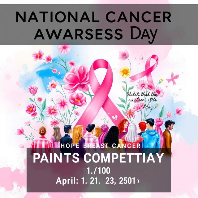 An artistic and vibrant poster for a painting competition titled 'National Cancer Awareness Day', focusing on breast cancer