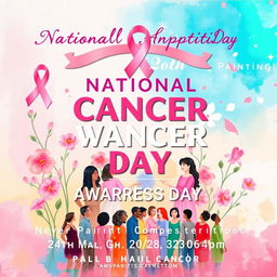An artistic and vibrant poster for a painting competition titled 'National Cancer Awareness Day', focusing on breast cancer