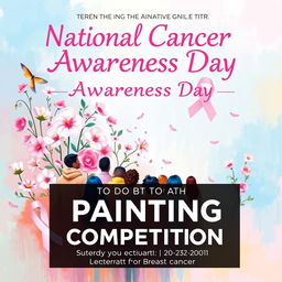 An artistic and vibrant poster for a painting competition titled 'National Cancer Awareness Day', focusing on breast cancer