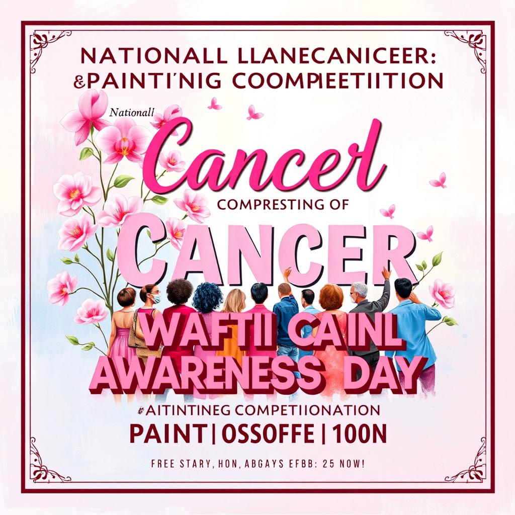 An artistic and vibrant poster for a painting competition titled 'National Cancer Awareness Day', focusing on breast cancer