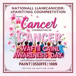 An artistic and vibrant poster for a painting competition titled 'National Cancer Awareness Day', focusing on breast cancer