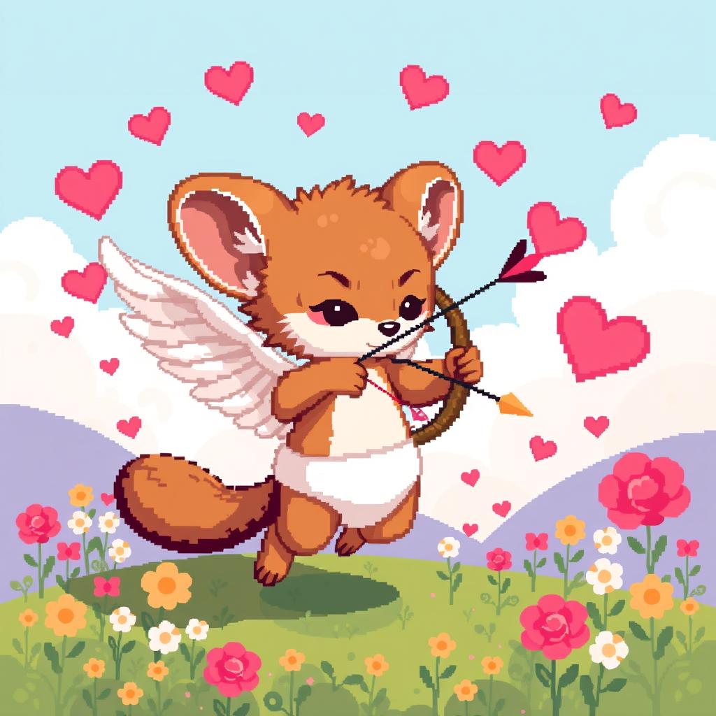 An 8-bit pixel art depiction of a weasel cupid, with big playful wings, shooting arrows from a tiny bow