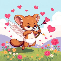 An 8-bit pixel art depiction of a weasel cupid, with big playful wings, shooting arrows from a tiny bow