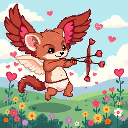 An 8-bit pixel art depiction of a weasel cupid, with big playful wings, shooting arrows from a tiny bow