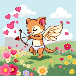 An 8-bit pixel art depiction of a weasel cupid, with big playful wings, shooting arrows from a tiny bow