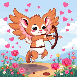 An 8-bit pixel art depiction of a weasel cupid, with big playful wings, shooting arrows from a tiny bow