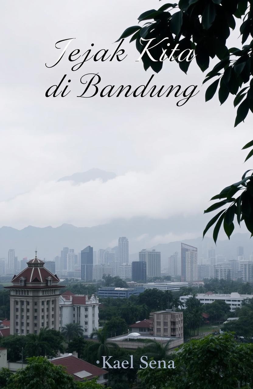 A stunning skyline view of Bandung with misty mountains in the background, partially enveloped in fog