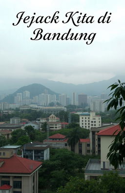A stunning skyline view of Bandung with misty mountains in the background, partially enveloped in fog