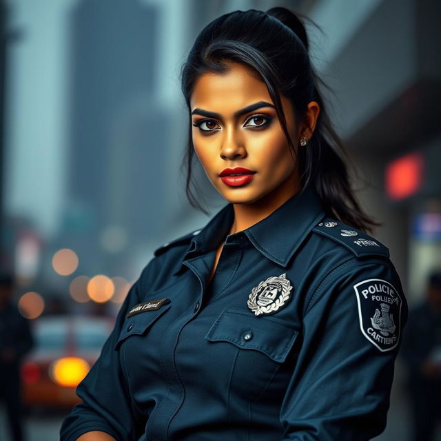 A striking and alluring Indian police woman, exuding confidence and authority