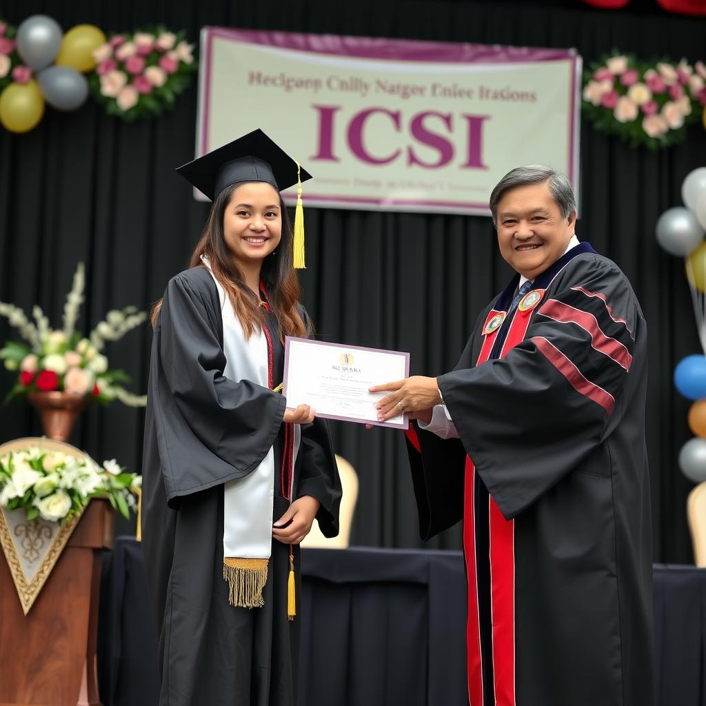 A 20-year-old girl proudly receiving her degree from her professor on a stage adorned with a banner that reads 'ICSI'