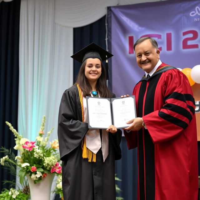 A 20-year-old girl proudly receiving her degree from her professor on a stage adorned with a banner that reads 'ICSI'