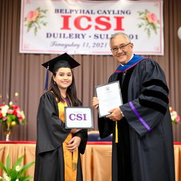 A 20-year-old girl proudly receiving her degree from her professor on a stage adorned with a banner that reads 'ICSI'