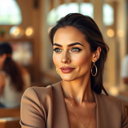 A stunning, stylish, and intellectually captivating woman aged 30-35, with a slim figure and an air of confidence