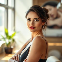A stunning, stylish, and intellectually captivating woman aged 30-35, with a slim figure and an air of confidence