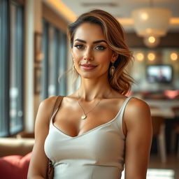 A stunning, stylish, and intellectually captivating woman aged 30-35, with a slim figure and an air of confidence