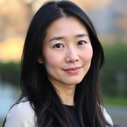 A full-body portrait of a 45-year-old woman with pale skin and long black hair, showcasing her natural beauty with an ordinary, makeup-free face