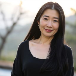 A full-body portrait of a 45-year-old woman with pale skin and long black hair, showcasing her natural beauty with an ordinary, makeup-free face
