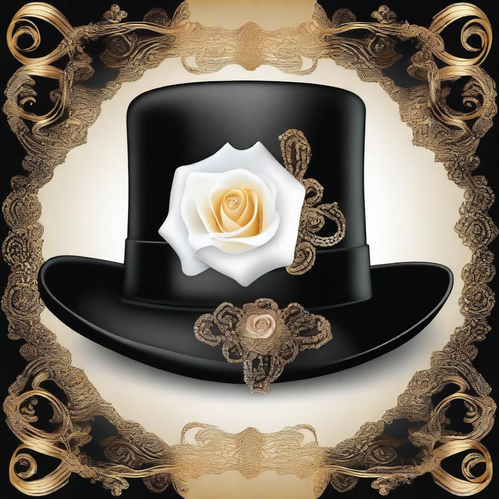 A high-resolution digital art image featuring a classic homburg black hat adorned with intricate golden ornaments and a single white rose