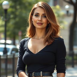 A beautiful, stylish, and intellectually attractive woman aged 30-35, with a slim figure and a confident demeanor, positioned outdoors