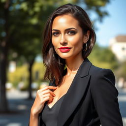 A beautiful, stylish, and intellectually attractive woman aged 30-35, with a slim figure and a confident demeanor, positioned outdoors