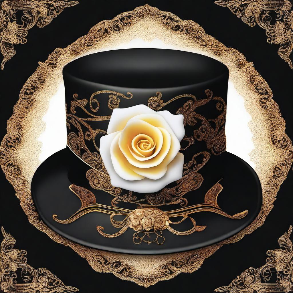 A high-resolution digital art image featuring a classic homburg black hat adorned with intricate golden ornaments and a single white rose