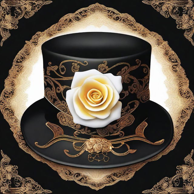 A high-resolution digital art image featuring a classic homburg black hat adorned with intricate golden ornaments and a single white rose