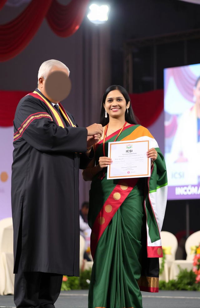 A 20-year-old girl receiving her degree on stage at a ceremony titled 'ICSI'