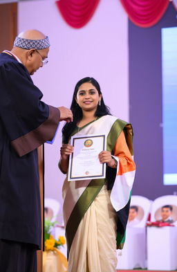 A 20-year-old girl receiving her degree on stage at a ceremony titled 'ICSI'