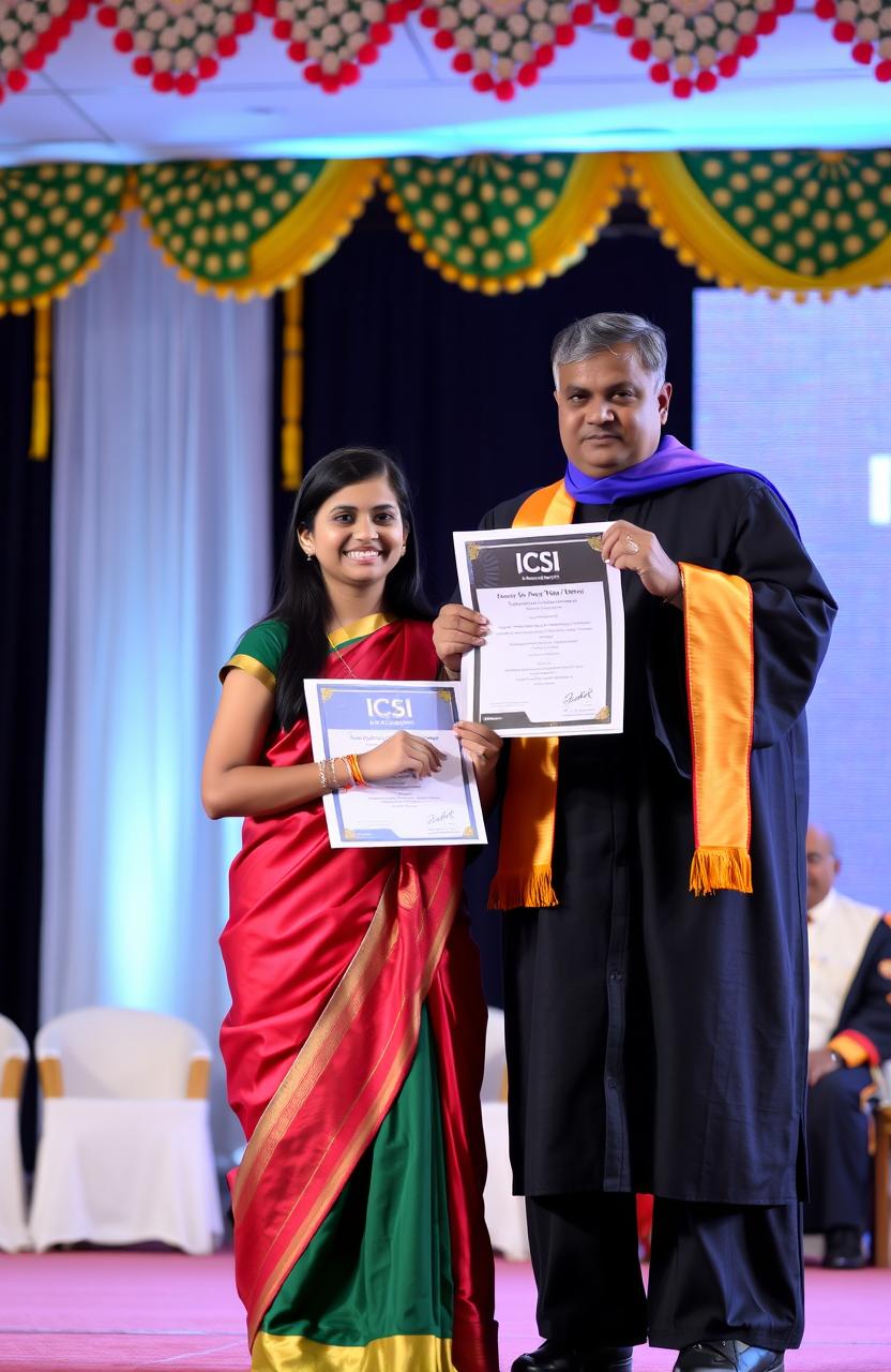 A 20-year-old girl receiving her degree on stage at a ceremony titled 'ICSI'