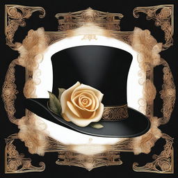 A high-resolution digital art image featuring a classic homburg black hat adorned with intricate golden ornaments and a single white rose