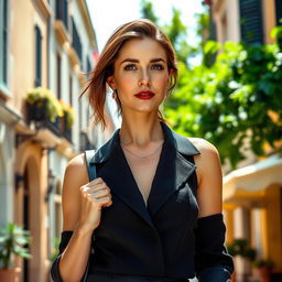 A beautiful, stylish, and intellectually elegant woman aged 30-35, with a slim figure and a confident presence, captured outdoors in Italy