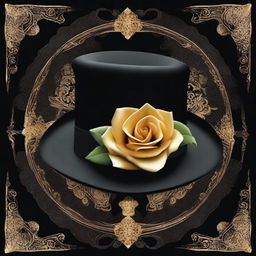 A high-resolution digital art image featuring a classic homburg black hat adorned with intricate golden ornaments and a single white rose