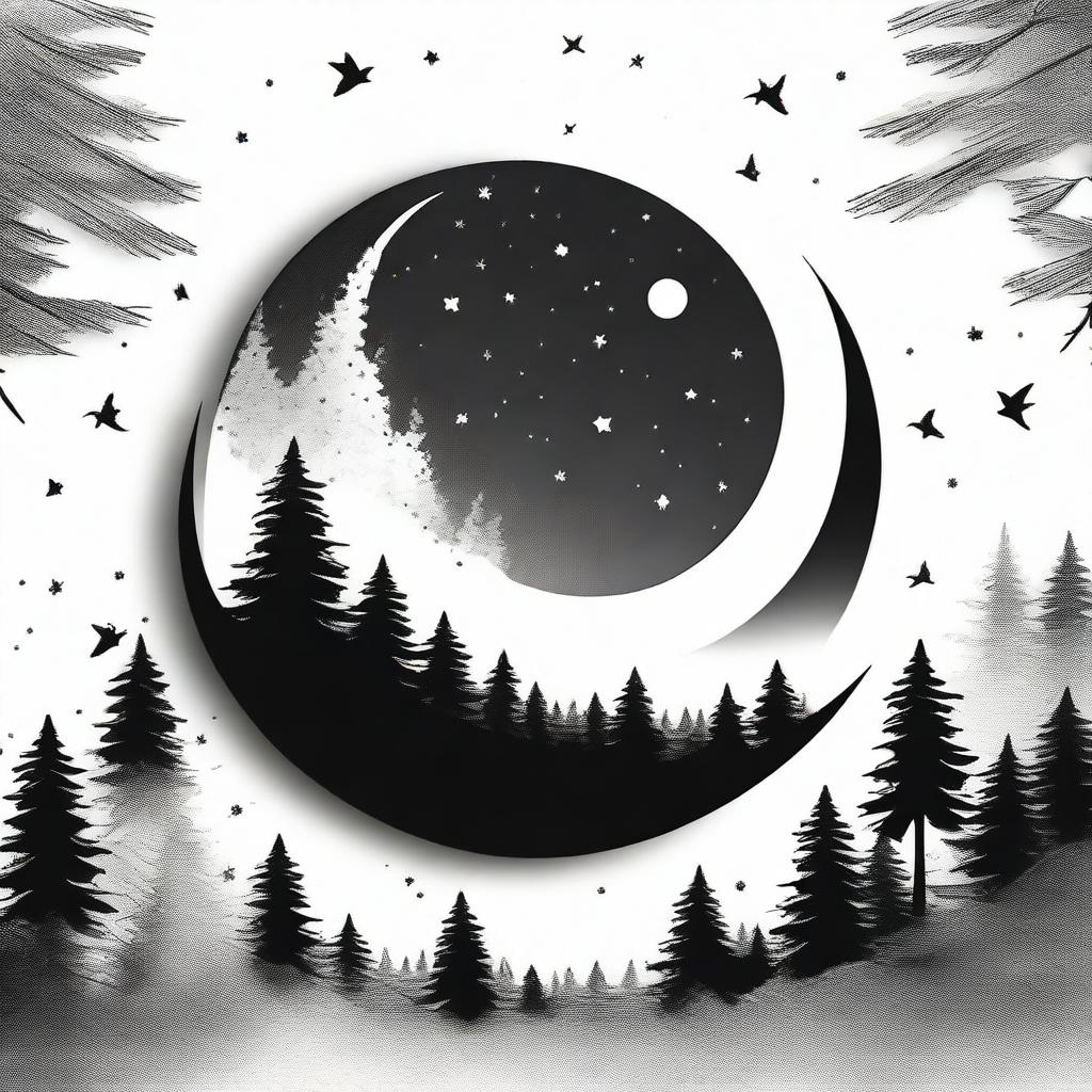 This is a high-quality, digital art tattoo design that merges space and nature in a simple, monochromatic style