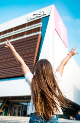 A girl standing in front of a modern building named ICSI