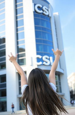 A girl standing in front of a modern building named ICSI
