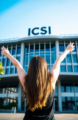 A girl standing in front of a modern building named ICSI