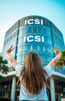 A girl standing in front of a modern building named ICSI