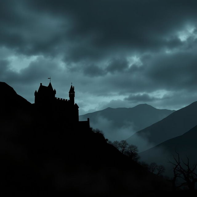 A minimalistic horror background featuring a medieval castle, set against a dark and moody atmosphere