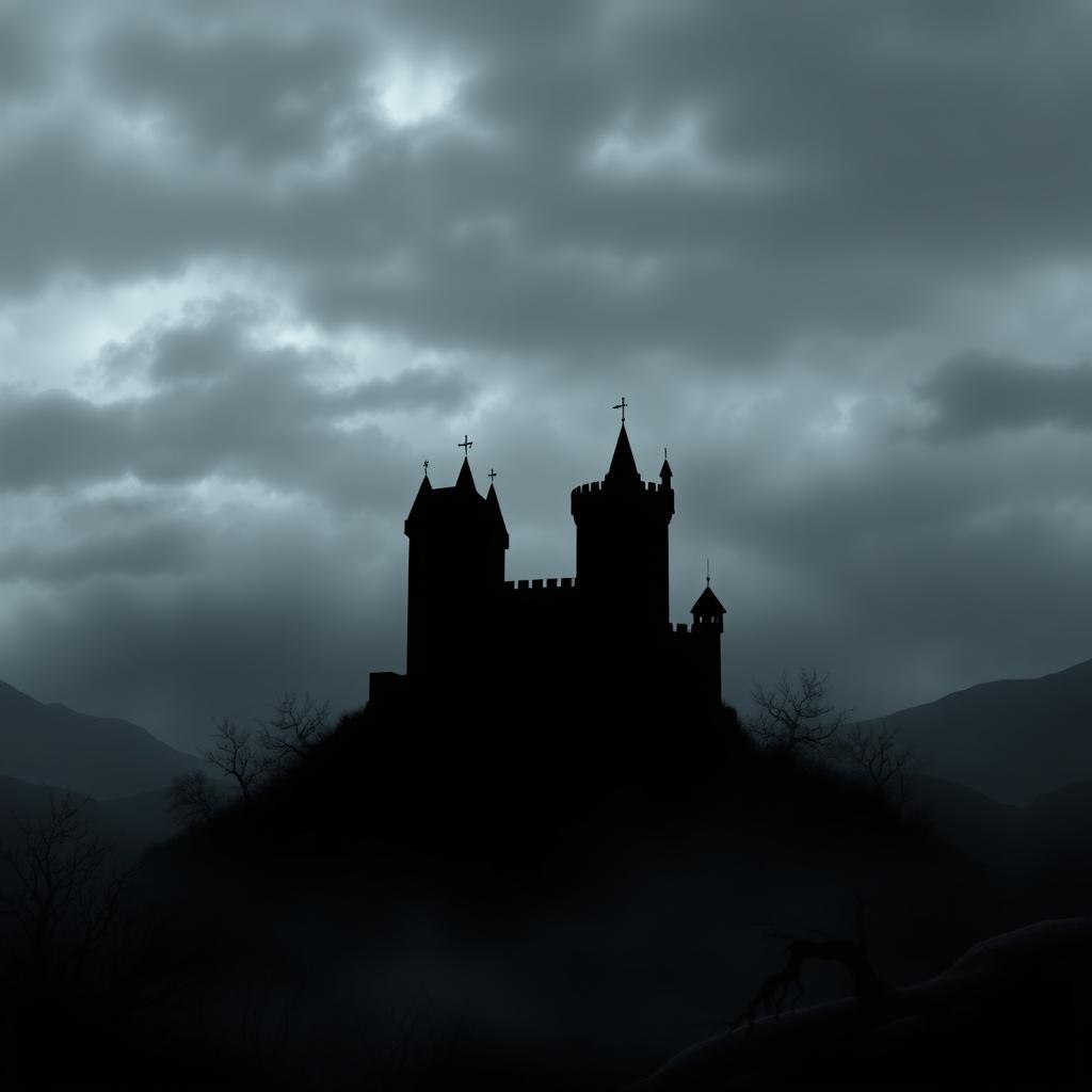 A minimalistic horror background featuring a medieval castle, set against a dark and moody atmosphere