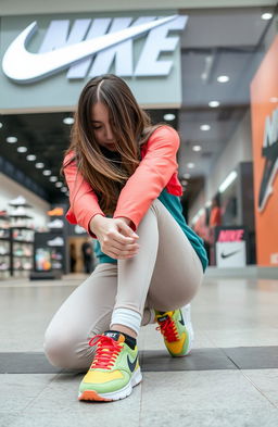 A 20-year-old girl kneeling down in front of a Nike showroom, tying her Nike shoelaces, with her hair cascading down obscuring her face