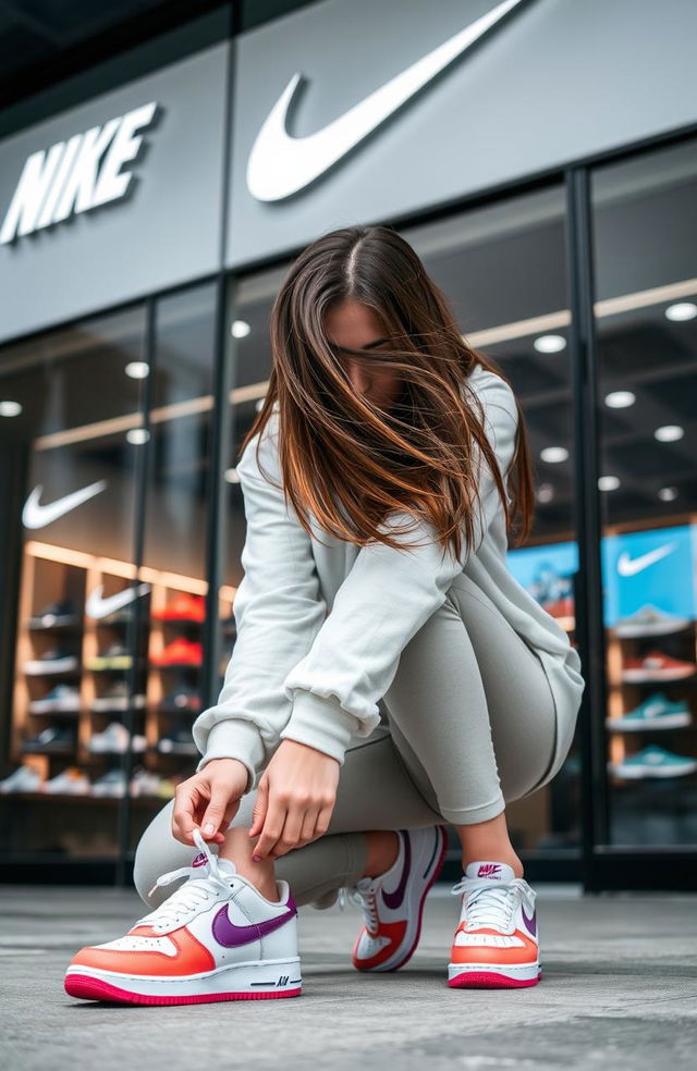 A 20-year-old girl kneeling down in front of a Nike showroom, tying her Nike shoelaces, with her hair cascading down obscuring her face