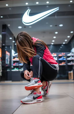 A 20-year-old girl kneeling down in front of a Nike showroom, tying her Nike shoelaces, with her hair cascading down obscuring her face