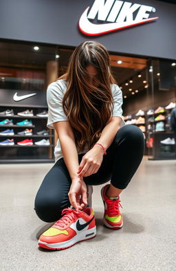 A 20-year-old girl kneeling down in front of a Nike showroom, tying her Nike shoelaces, with her hair cascading down obscuring her face